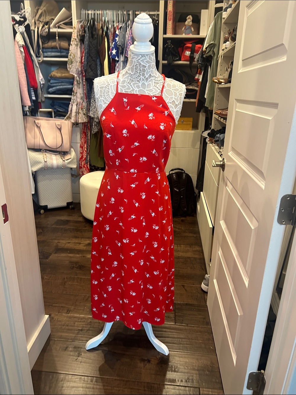 Red Halter Floral Midi Dress